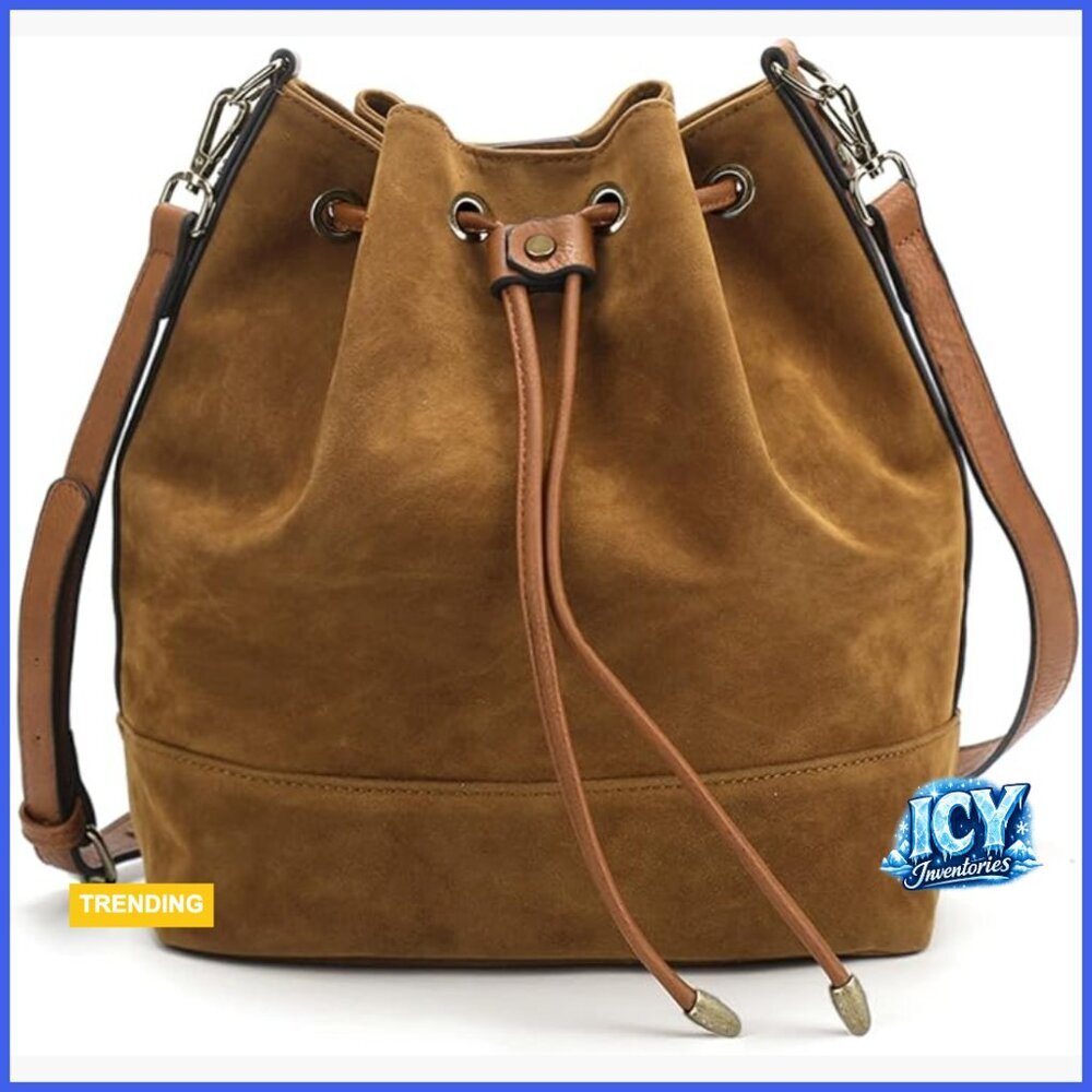 Faux Suede Bucket Bag with Convertible Straps, Slouchy Hobo Purse